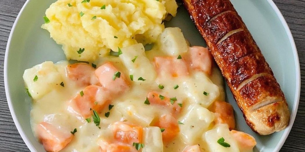 Kohlrabi-Möhren Gemüse mit Kartoffelpüree und Bratwurst – REZEPTE UND ...